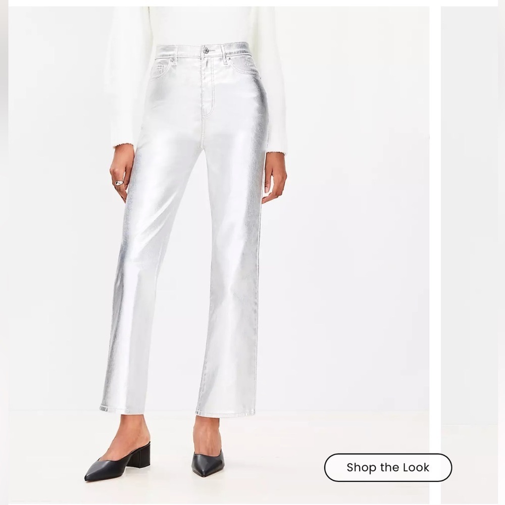LOFT Coated High Rise Straight Jeans in Silver Metallic Size 12 NWT